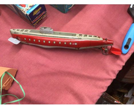 Selection of boxed models including Japanese Show Boat, Schuco Submarine,San Cabin Cruiser, Japanese remote controlled Bulldo