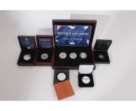 World - Mixed silver prof coins to include Australia Kangaroo three coin set 2017, 70th Anniversary of The Royal Wedding 2017