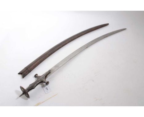 19th century Indian Tulwar with disc pommel and curved blade in leather scabbard, 88cm overall