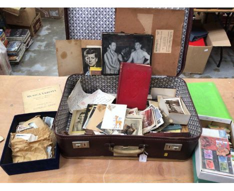One suitcase of mixed ephemera including postcards, Brooke Bond and Jubbly cards, family and other photographs,some First Day