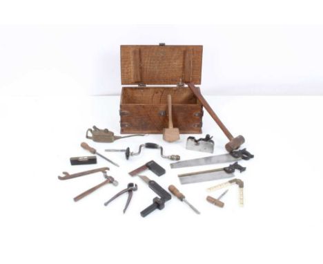 Good quality set of scratch built miniature carpenters tools in oak boxCondition report: No signs of wood worm to the pieces,