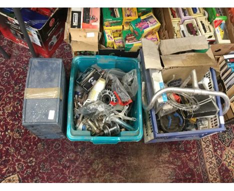Quantity of cycling parts, tools and accessories (3 boxes)