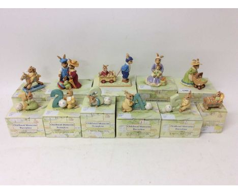 Collection of 11 boxed Royal Doulton Bunnykins Childhood Memories figures, including A Ride Through The Park and Baby's First