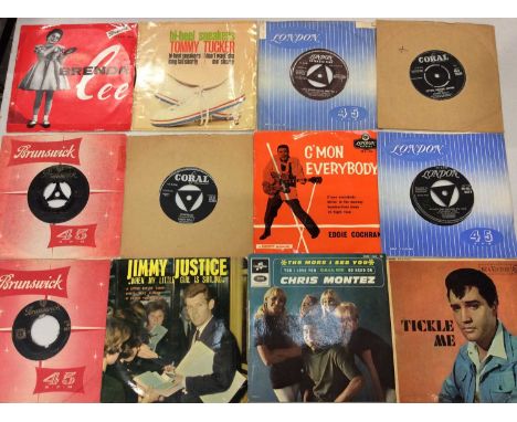 Carrying case of single records and EP's including Tommy Tucker, Fats Domino, Buddy Holly, Casillacs, Chimes, Jan and Dean, J