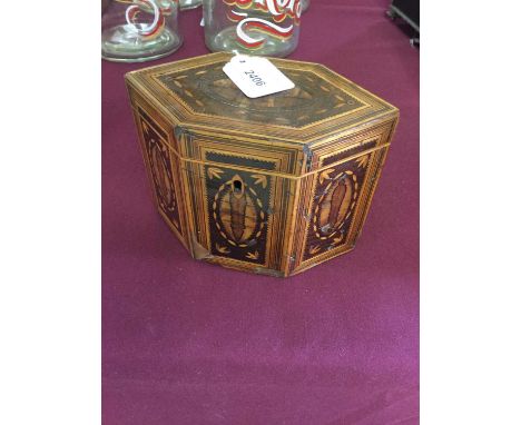 Georgian inlaid tea caddy, of hexagonal form, together with a Victorian tortoiseshell and inlaid mother of pearl card case, a