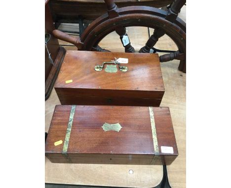 Two Victorian surgeons boxes, one with saws and other tools, the other with bottles, bandages, etc, one with cartouche engrav