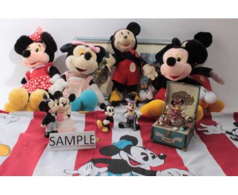 One box of various Mickey Mouse items, including vintage Merrythought soft Mickey Mouse, figurines, toys and fabrics.