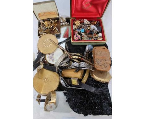 Quantity vintage costume jewellery, wristwatches, powder compacts, evenings bags and bijouterie 