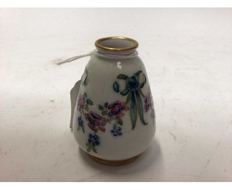 Early William Moorcroft MacIntyre late Florian ware miniature vase with tube lined ribbon and floral festoons, painted signat