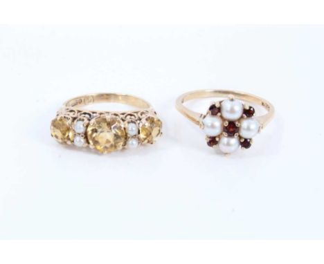 9ct gold citrine and seed pearl ring in pierced scroll setting, size K and 9ct gold pearl and red stone ring, size PCondition