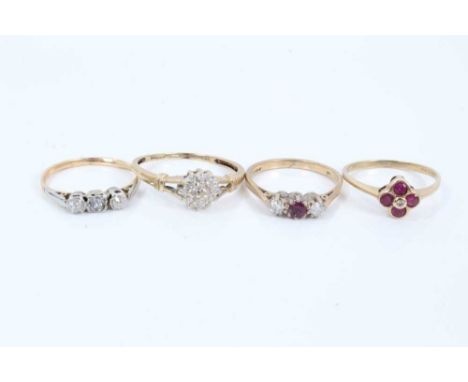 Four gold diamond and ruby rings to include old cut diamond three stone ring, size L½, 9ct gold ruby and diamond three stone 