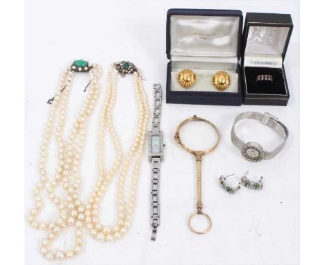 Group vintage costume jewellery including two cultured pearl necklaces, pair silver paste set earrings and pair of gilt metal