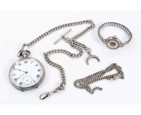 Silver cased pocket watch with silver watch chain, one other silver watch chain and vintage silver cased wristwatch on plated