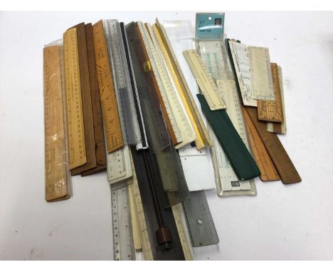 Collection of antique and vintage drawing instruments, rulers, technical drawing sets etc