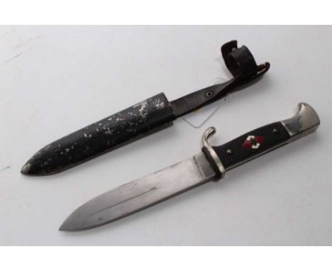 Nazi Hitler Youth knife / dagger with chequered plastic grip, set with enamel swastika badge, plated mounts, etched blade mar