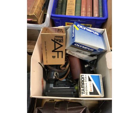 Box of cameras and lenses and accessories, including a Fed camera, Nikkor lens, etc