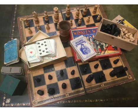 Antique turned wooden chess set, King 8cm high, together with another chess set, vintage cards and other toys