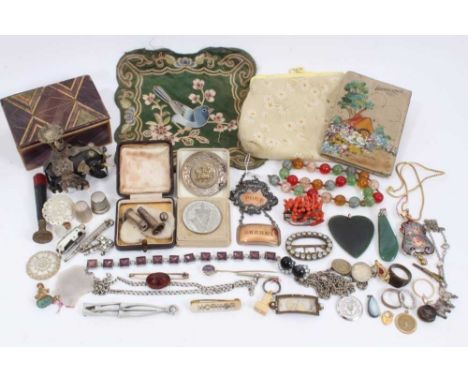 Group vintage costume jewellery including paste set buckle, 9ct gold pendant, amethyst stick pin, seals, embroidered panel an