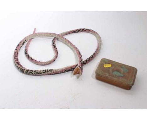 First World War Ottoman Turkish Prisioner of War Beadwork Snake, marked Souvenir Turkish Prisoner 1918, 170cm in length, toge
