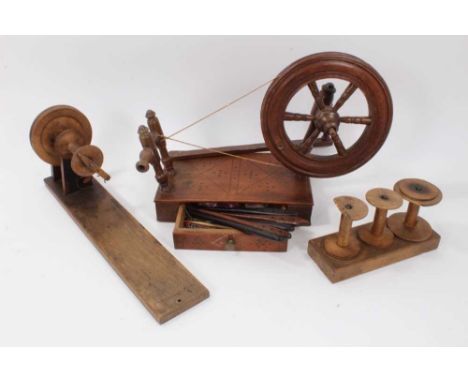 Unusual 19th century fruitwood tabletop spinning wheel, with incised geometric ornament and drawer to the front, 42cm long, t