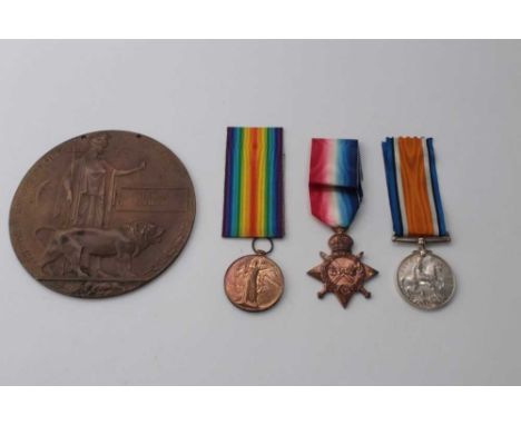 First World War Memorial (Death) plaque, named to Thomas Sheldon, together with medal trio comprising 1914 - 15 Star named to