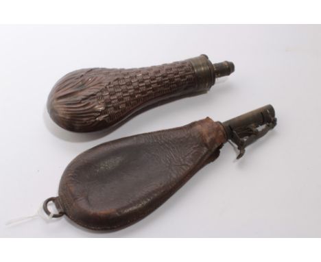 19th century copper powder flask by Dixon &amp; Sons, with simulated basket weave decoration, together with a leather shot fl