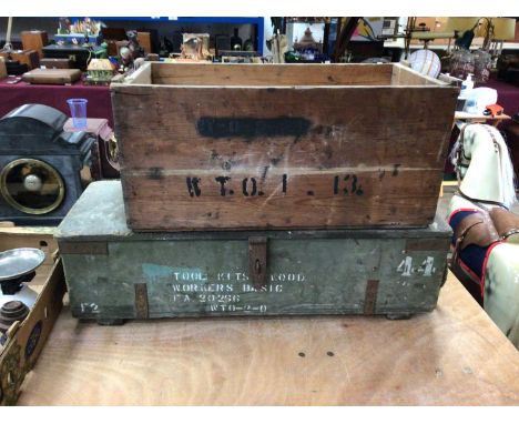 Two Second World War wooden boxes together with a tin trunk (rusty)