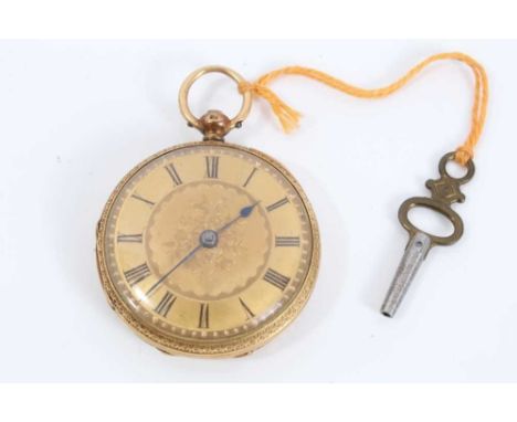 19th century Swiss 18ct gold cased fob watch, the round gilt dial bearing Roman numeral markers and floral decoration to the 