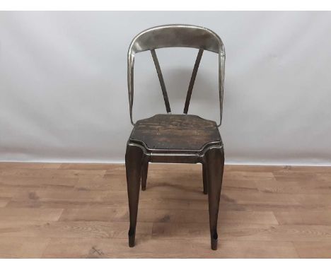 Vintage metal side chair by Tolix, with inset wooden seat on angular tapered legs