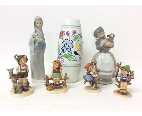 Four Hummel figures including Apple Tree Boy and Girl, Poole pottery vase and two Spanish figures, possibly Lladro or Nao (7)