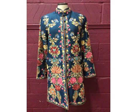 Ladies embroidered silk evening coat by designer Beatrice von Tresckow, stand up colar, silk covered button fastners and side