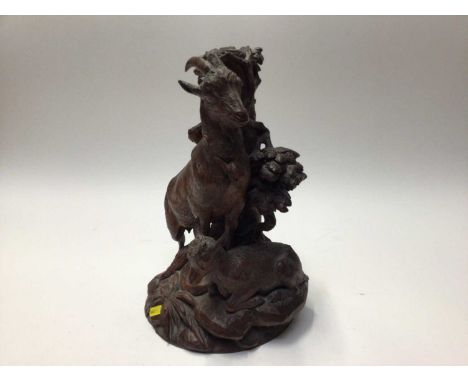 Impressive Black Forest carved wood lamp base, depicting a goat and kid, with makers Bergen &amp; Co stamp, 38cm high