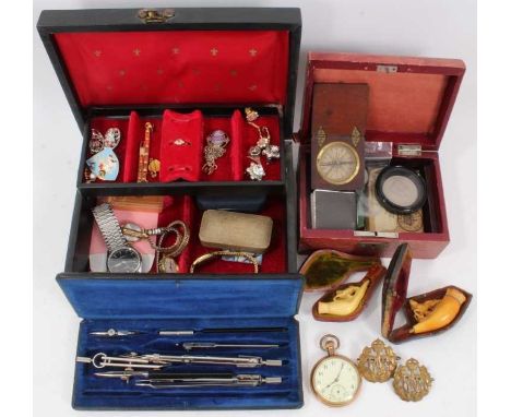 Group costume jewellery, wristwatches including Lorus, Oris and gold plated pocket watch, two pipes, compass in wooden case, 