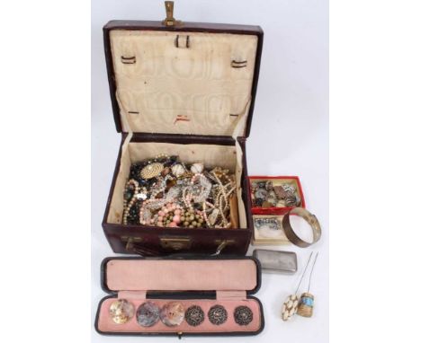 Victorian leather jewellery box containing vintage costume jewellery, sterling silver bangle, three silver buttons in case an