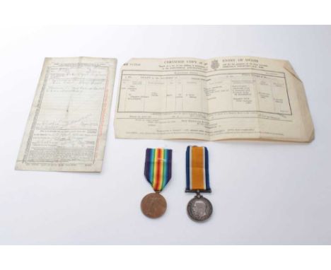 First World War pair comprising War and Victory medals named to 22103 PTE. J. Smith R. War. R. together with period paperwork