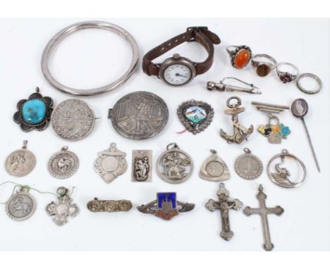 Group silver and white metal jewellery including a bangle, gem set rings, pendants, brooches and silver cased vintage wristwa