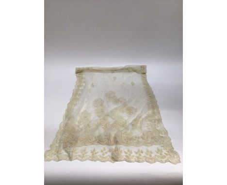 Antique Limerick lace stole and one similar needle embroidered net lace with button hole stitched edge. A length of Reticella
