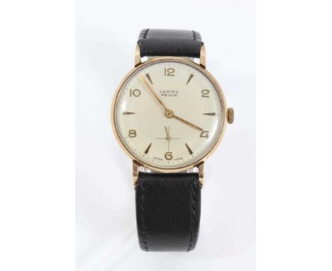 Vintage Vertex Revue 9ct gold cased wristwatch, the round dial with applied alternating gold Arabic numerals and baton marker