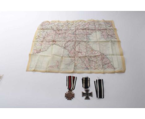 First World War Imperial German Iron Cross (Second Class), one other First World War German medal and a silk map