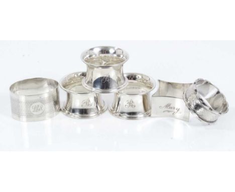 Six silver napkin rings (various dates and makers)Condition report: Weight approximately 6ozPair napkin rings both with engra