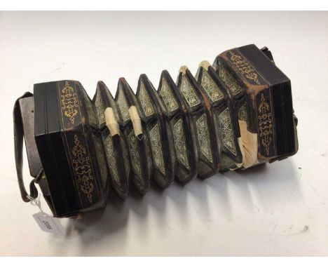 19th century Jeffries concertina in leather case, 37 buttons and one valve button, pierced metal ends and leather bellowsCond