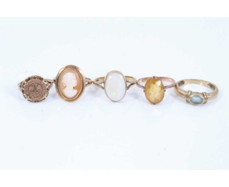 9ct gold cameo ring, size O, 9ct gold oval opal ring, size Q½, 9ct gold Mexican style coin ring, size K, and two 9ct gold gem