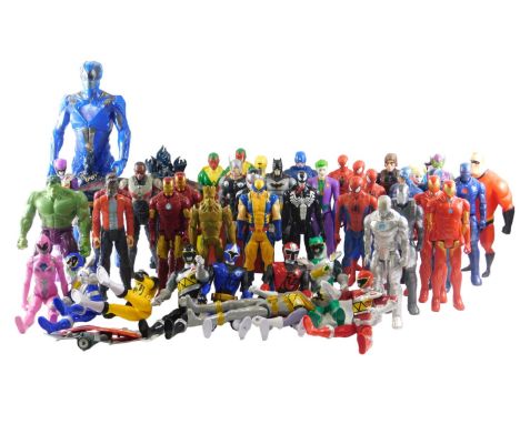 A large quantity of action figures, to include Power Rangers, Iron Man and other Marvel figures to include Captain America, H