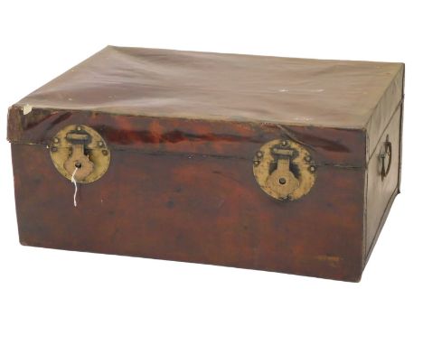 A Chinese brown leather trunk, with two silvered metal hasps, 84cm wide. (AF)
