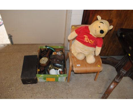 A retro child's chair; a Winnie-the Pooh soft toy; a filing drawer and a box of miscellaneous items top include old bottles, 