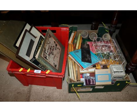 A box of miscellaneous collector's books; a box containing various vintage photographs and frames; vintage brass letters etc.