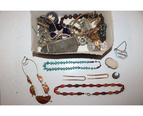 A box of vintage and other jewellery to include chainmail purse, a yellow metal Sampson Mordan &amp; Co. propelling pencil AF