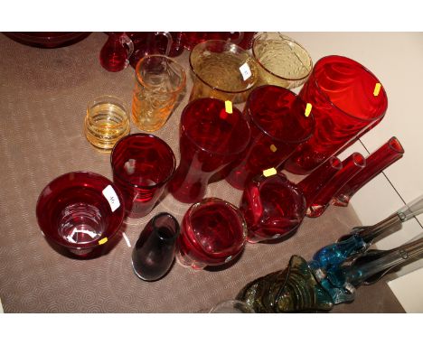 A collection of Whitefriars style ruby Art Glass vases
