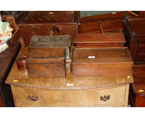 A Victorian walnut tea caddy AF; a Victorian mahogany box with sliding lid; a mahogany box with hinged lid; a metalware biscu
