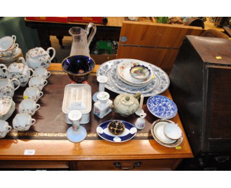 A Victorian porcelain scent bottle; ruby and blue glass pedestal bowl AF; a glass water jug; Victorian plates etc.